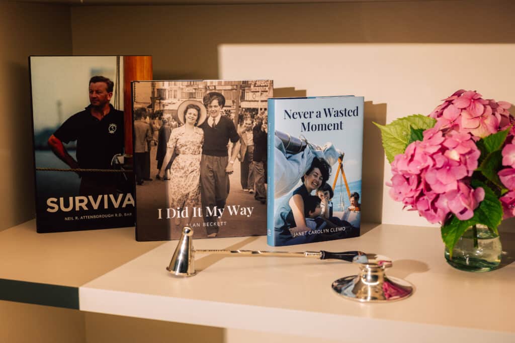 Three LifeBook Memoirs private autobiographies standing up on a shelf, with their covers facing towards the camera.