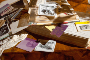 Various items of ephemera - photographs, notes, manuals et cetera laid out untidily on a table.