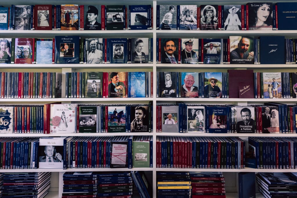 Books on the shelves at the LifeBook Memoirs private library
