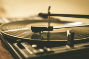 A close-up of a record on a turntable.