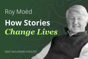 A photograph of Roy Moed of LifeBook Memoirs with the podcast title, 'How Stories Change Lives'