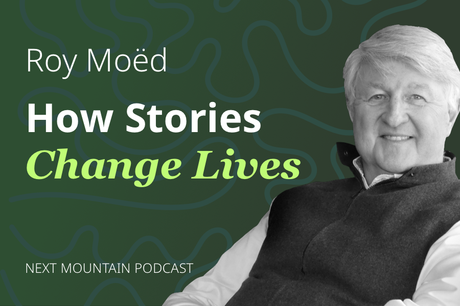 A photograph of Roy Moed of LifeBook Memoirs with the podcast title, 'How Stories Change Lives'