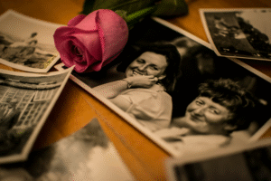Some old family photographs and a rose scattered on a table