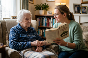 A photograph of a younger lady showing a book to an older lady.