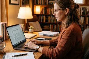 A memoir ghostwriter working at a laptop computer.