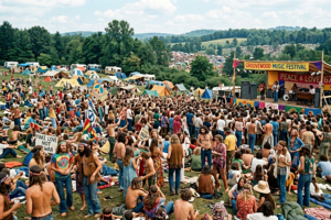 Photograph of the audience and stage at a music festival.