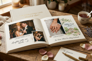 A picture of a wedding photograph album.