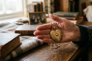 A photograph of a locket being held in someone's hand.